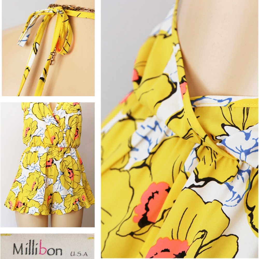Yellow Tropical Floral Open Back Halter Romper - Picture 6 of 8